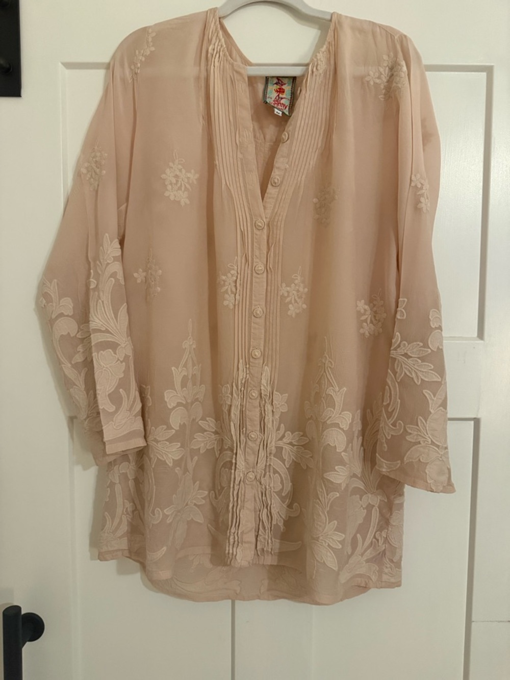 Johnny Was Embroidered Sheer Tunic Blouse - Blush EUC G000